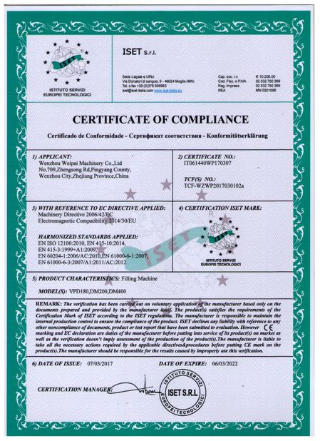 Chine Wenzhou Weipai Machinery Co.,LTD certifications